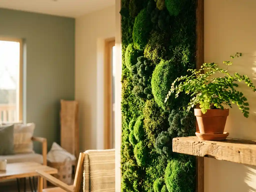 Bewaarde moswandpaneel in emerald en bosgroen in modern interieur, met klein potplantje ernaast in warm natuurlijk licht.