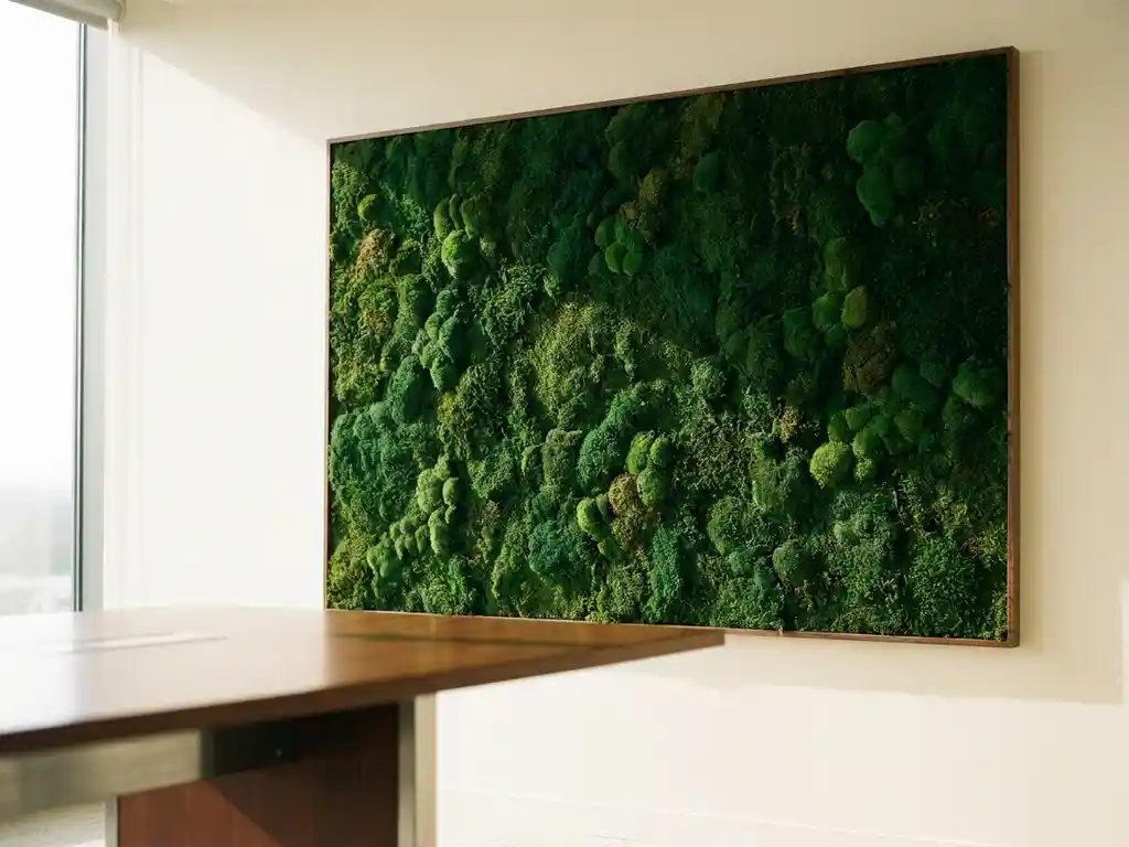 Mosswand met smaragdgroene en bosgroene texturen in een moderne vergaderruimte, met een strakke tafellrand op de voorgrond.