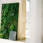Mosswand kunstpaneel met smaragdgroene texturen in modern kantoorinterieur, contractmap aan de voet, warm zijlicht.