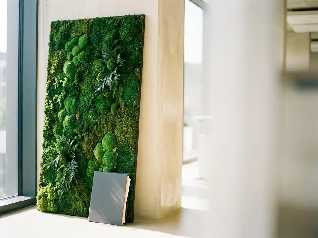 Mosswand kunstpaneel met smaragdgroene texturen in modern kantoorinterieur, contractmap aan de voet, warm zijlicht.