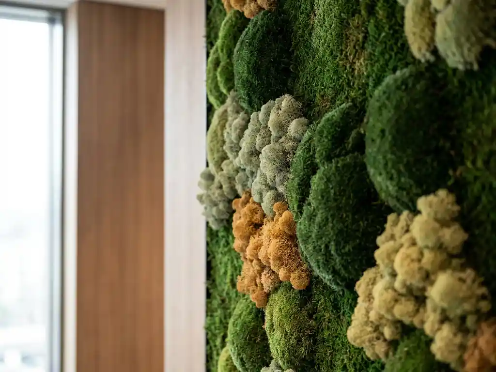 Decoratief mossenmuurtje met fluweelachtige texturen in tinten smaragdgroen, salie, amber en chartreuse, verlicht door zacht natuurlijk licht.