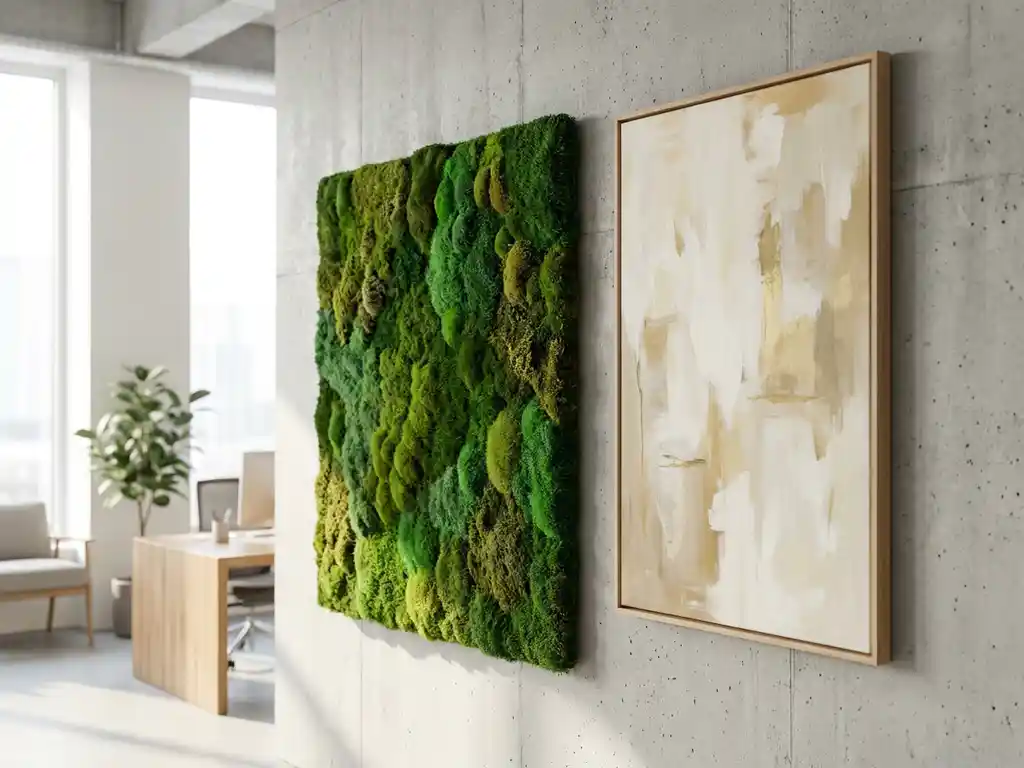 Mosswandpaneel in smaragdgroen naast ingelijst schilderij op betonnen muur in modern kantoorinterieur.