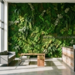 Grote groene moswand in moderne kantoor receptie met witte muren, betonnen vloer en minimalistisch meubilair