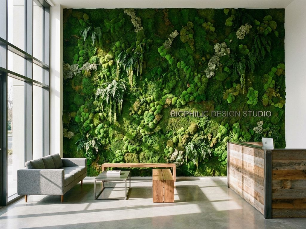 Grote groene moswand in moderne kantoor receptie met witte muren, betonnen vloer en minimalistisch meubilair