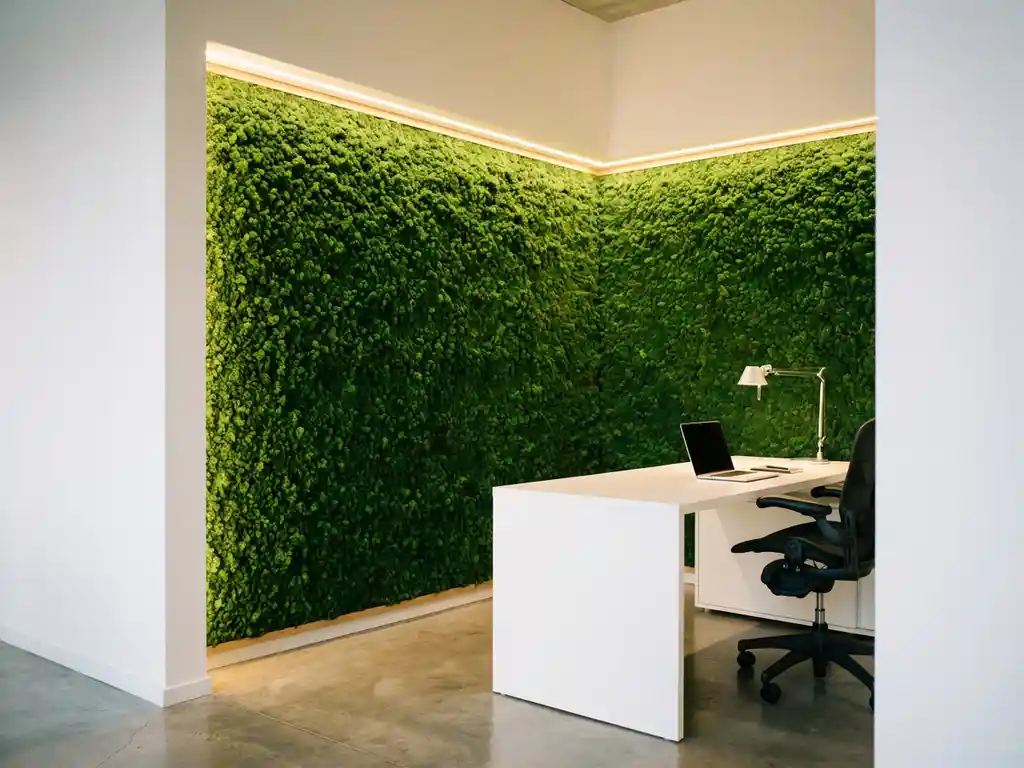 Weelderige smaragdgroene moswand in moderne kantoorhoek met witte bureau en ergonomische stoel onder LED-verlichting