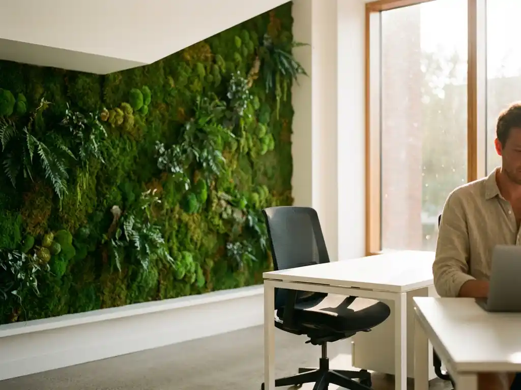 Levendige moswand in groen en smaragd naast wit bureau en ergonomische stoel in moderne kantoorruimte met natuurlijk licht