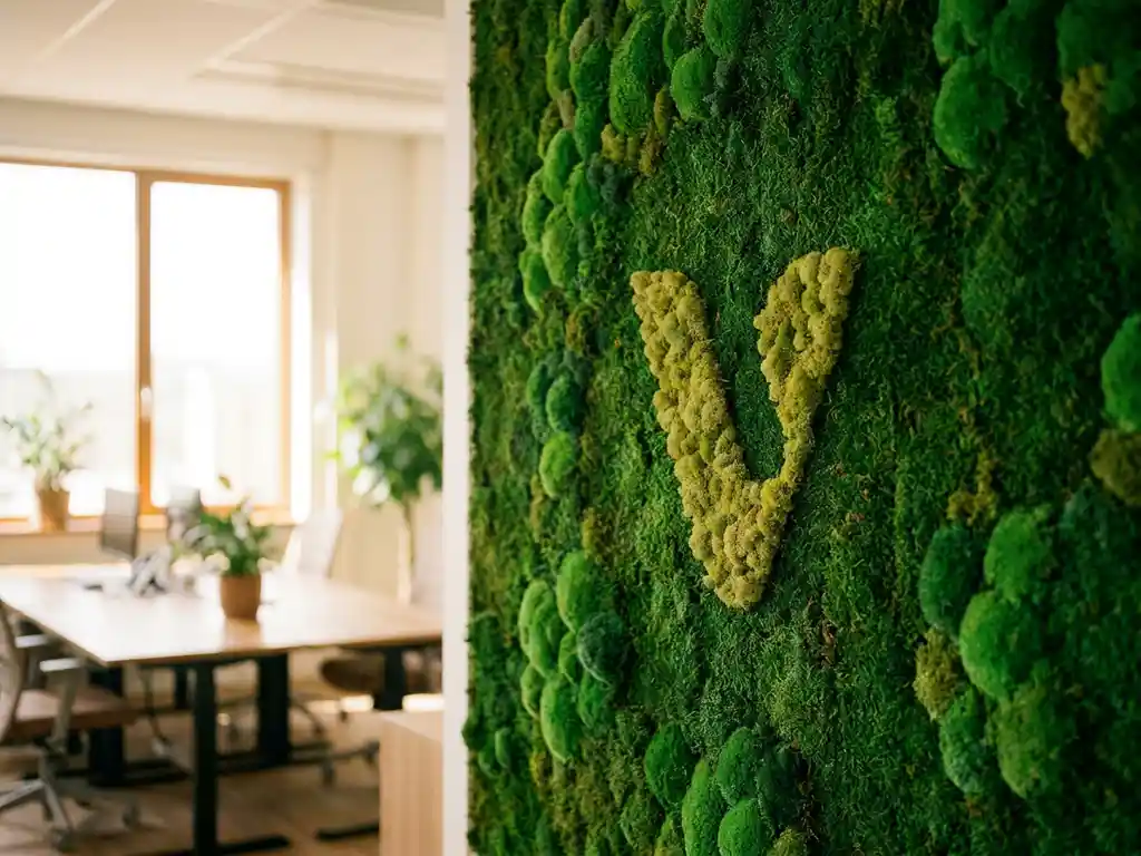 Levendige groene mosswand met subtiel geïntegreerd bedrijfslogo in natuurlijke textuur, moderne kantooromgeving op achtergrond