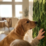 Golden retriever puppy en peuterhand verkennen groene mosmuur in moderne woonkamer met natuurlijk zonlicht