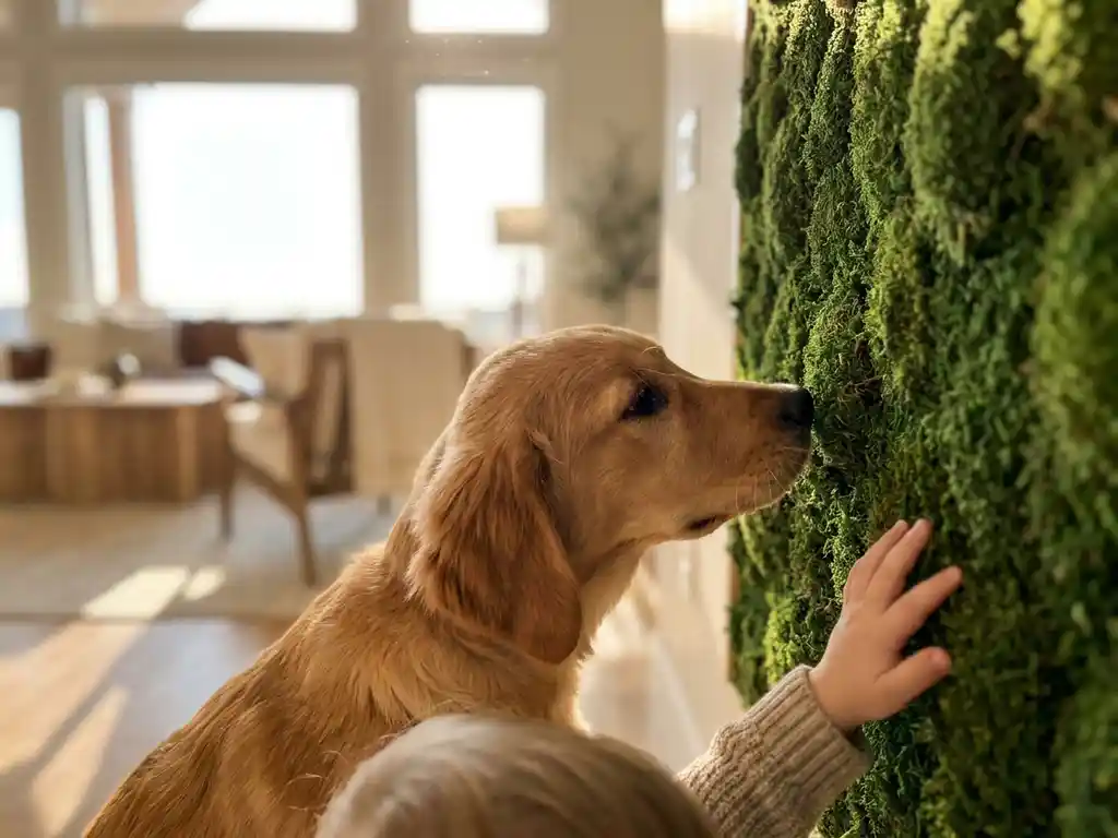 Golden retriever puppy en peuterhand verkennen groene mosmuur in moderne woonkamer met natuurlijk zonlicht