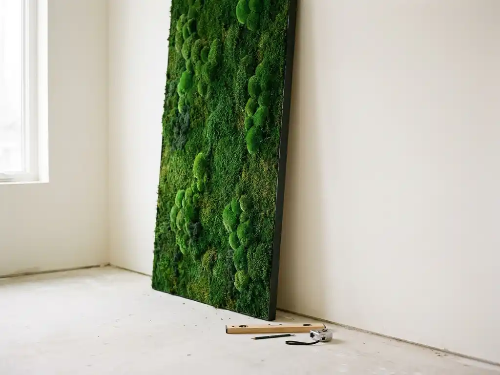 Vers geïnstalleerd mosspaneel met smaragdgroene texturen tegen witte muur, omringd door installatiegereedschap op betonnen vloer.