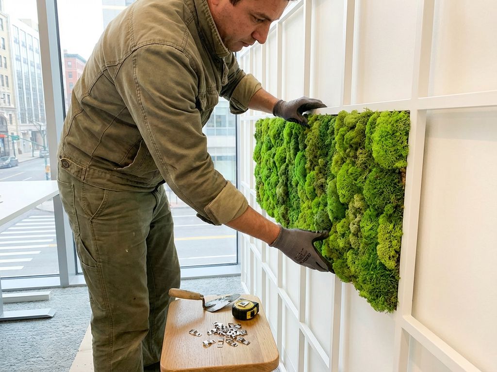 Professionele installateur plaatst levendige groene moswand op wit montagsysteem in modern kantoor