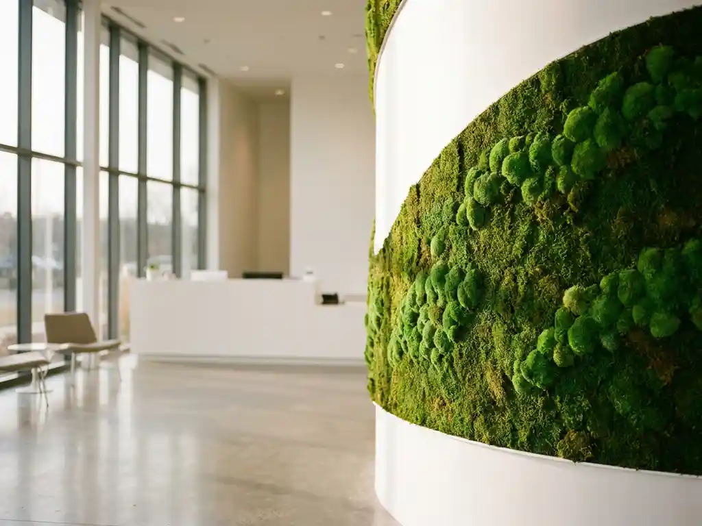 Weelderige groene mosmuur langs gebogen witte cilindervormige wand in modern minimalistisch kantoor met natuurlijk licht