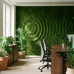 Weelderige groene mosswand in modern kantoor met ergonomische bureaus, tropische planten en zachte natuurlijke verlichting
