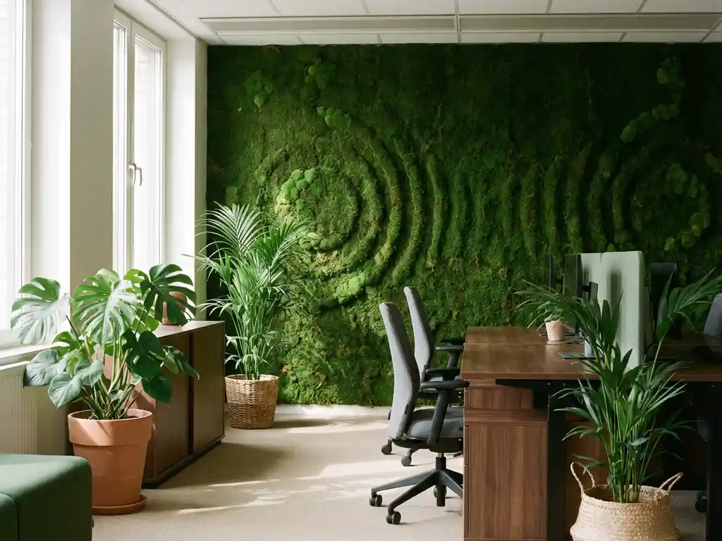 Weelderige groene mosswand in modern kantoor met ergonomische bureaus, tropische planten en zachte natuurlijke verlichting