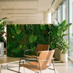 Weelderige moswand in modern kantoor met tropische planten en natuurlijk licht door grote ramen