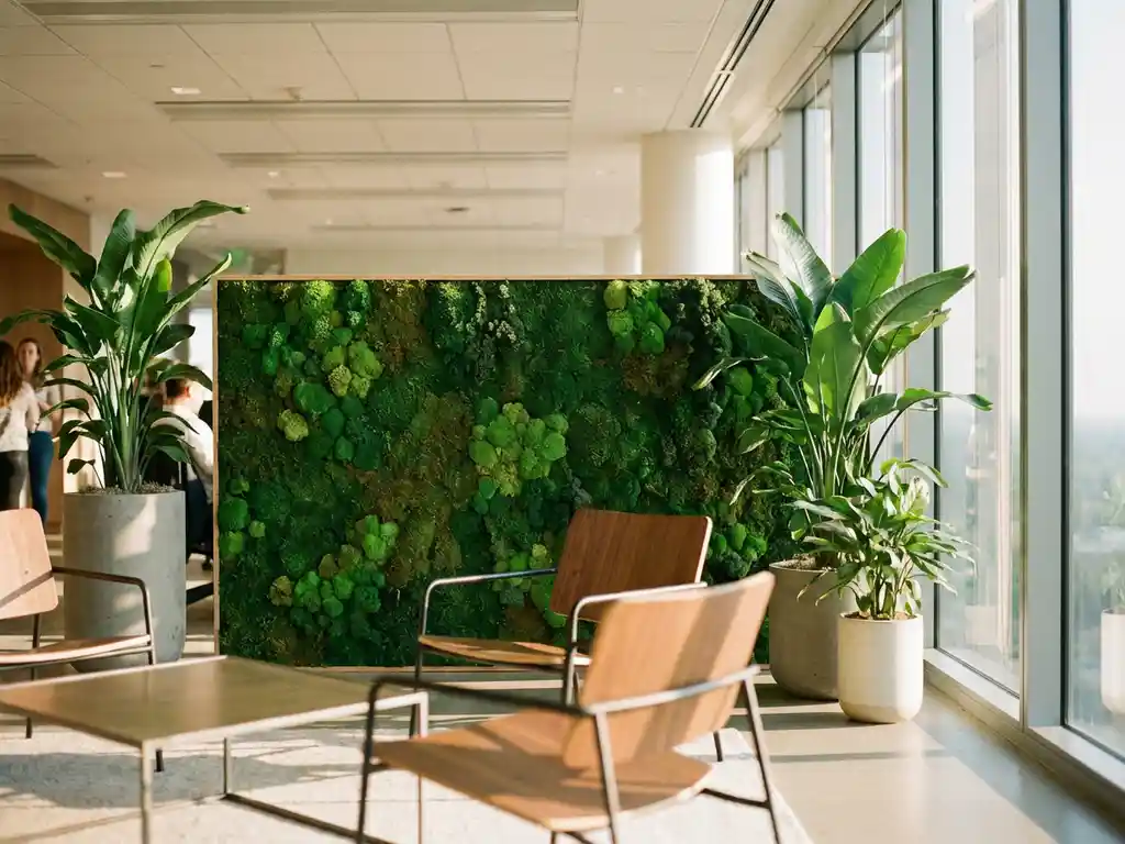 Weelderige moswand in modern kantoor met tropische planten en natuurlijk licht door grote ramen