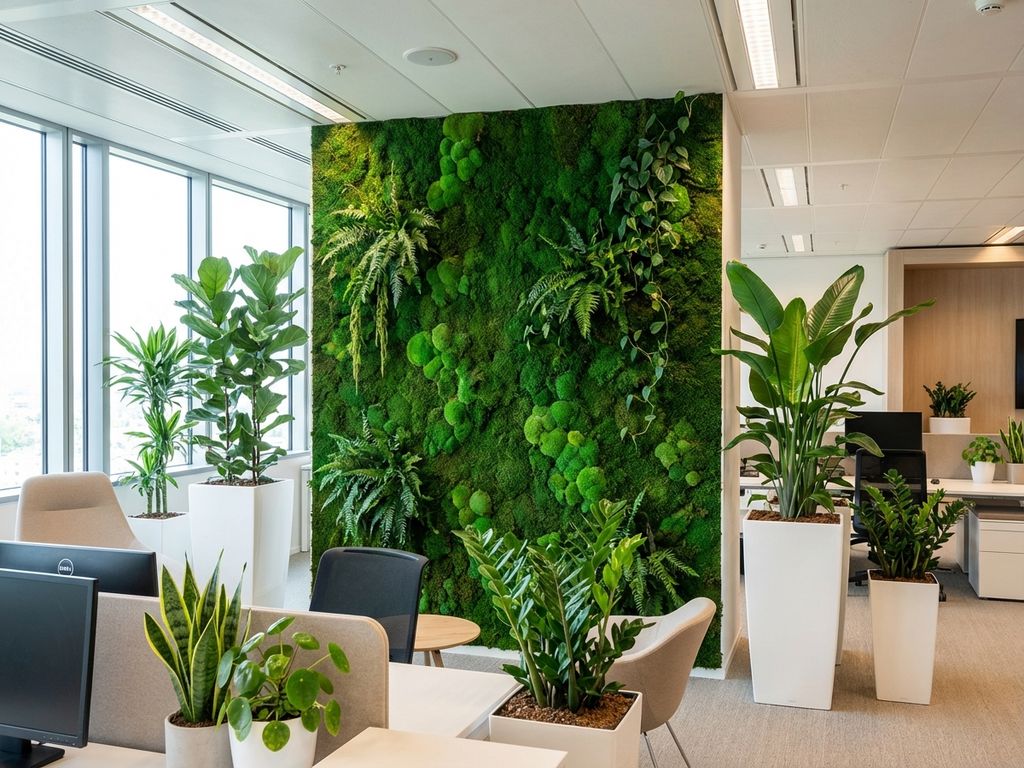 Moderne kantoorinterieur met groene moswand en diverse planten in witte bakken bij grote ramen met natuurlijk licht.