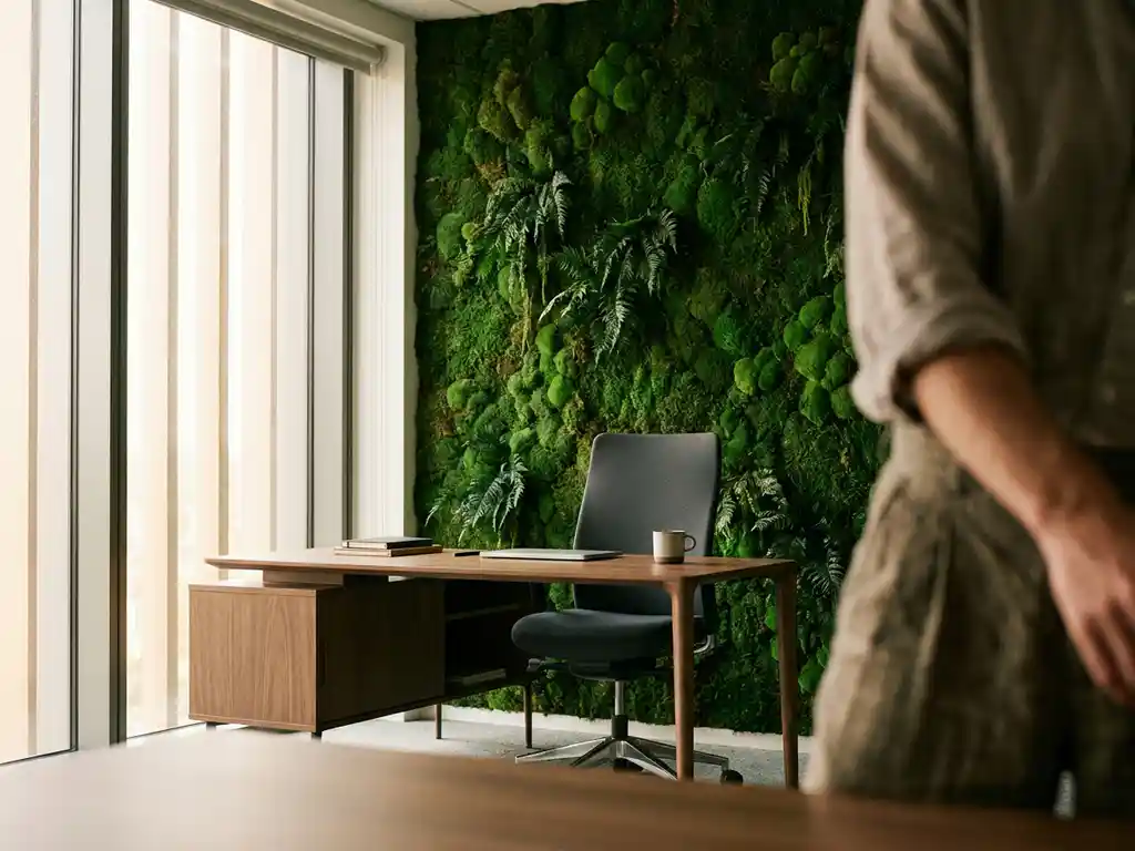 Weelderige groene moswand in modern kantoor met bureau en ergonomische stoel, natuurlijk licht door grote ramen