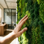 Hand raakt zachte groene mosswand aan in modern kantoor met natuurlijk licht