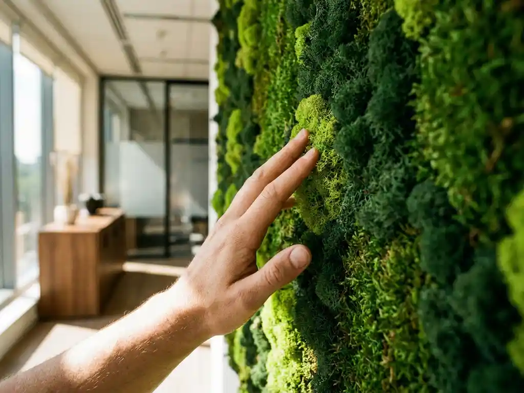 Hand raakt zachte groene mosswand aan in modern kantoor met natuurlijk licht