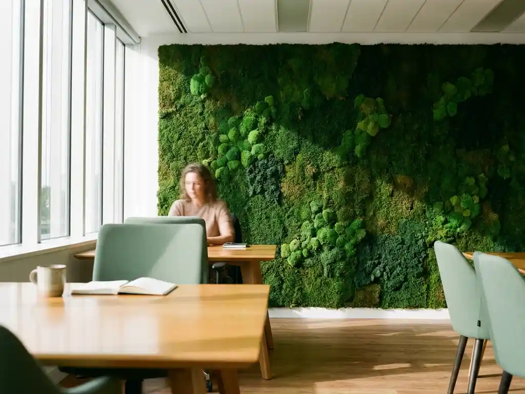 Weelderige smaragdgroene moswand in modern kantoorinterieur met houten bureau en natuurlijk licht door grote ramen
