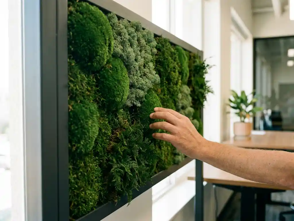 Levende moswand met drie verschillende mossoorten in smaragdgroene tinten op donkergrijze lijst in modern kantoor