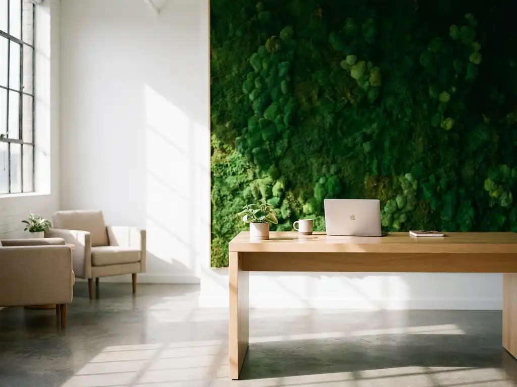 Weelderige smaragdgroene mosmuur in modern kantoor met laptop op bureau en natuurlijk licht door grote ramen