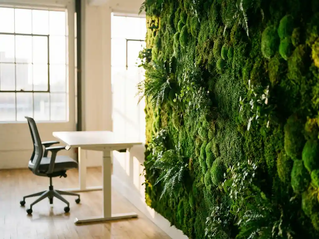 Levendige moswand in moderne kantooromgeving met waterdruppels op smaragdgroene texturen, wit bureau en ergonomische stoel, natuurlijk licht door grote ramen