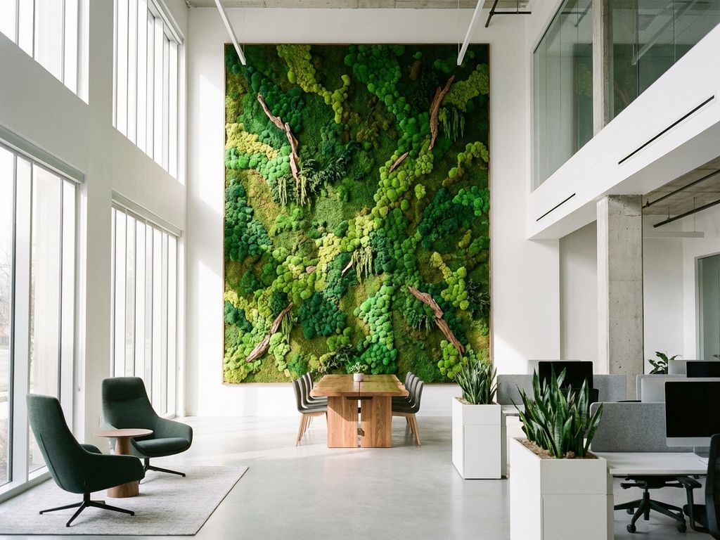 Moderne kantoor met grote groene moswand als middelpunt, natuurlijk licht door ramen, eigentijdse architectuur