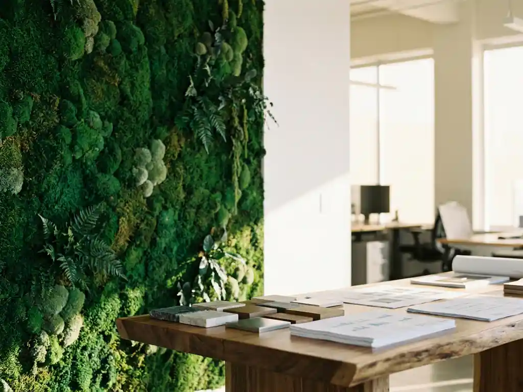 Luxueuze moswand met smaragdgroene texturen naast witte muur in modern kantoor met houten bureau en architectuurmonsters