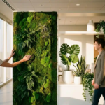 Levendige moswand in smaragdgroen naast kunstplanten in witte plantenbakken in modern kantoor met natuurlijk zonlicht