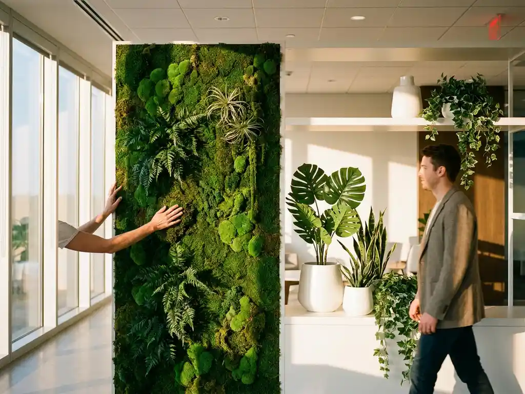 Levendige moswand in smaragdgroen naast kunstplanten in witte plantenbakken in modern kantoor met natuurlijk zonlicht