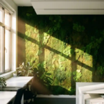 Weelderige groene mosmuur verlicht door gouden zonlicht door groot raam in modern kantoorinterieur