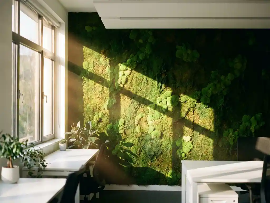 Weelderige groene mosmuur verlicht door gouden zonlicht door groot raam in modern kantoorinterieur
