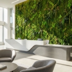 Moderne kantoor receptie met grote groene moswand, natuurlijk licht en eigentijds wit-grijs meubilair