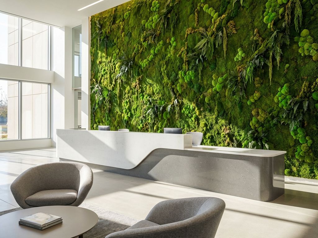 Moderne kantoor receptie met grote groene moswand, natuurlijk licht en eigentijds wit-grijs meubilair