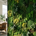 Gedetailleerde mosswand in modern kantoor met natuurlijk daglicht dat groene texturen en patronen benadrukt