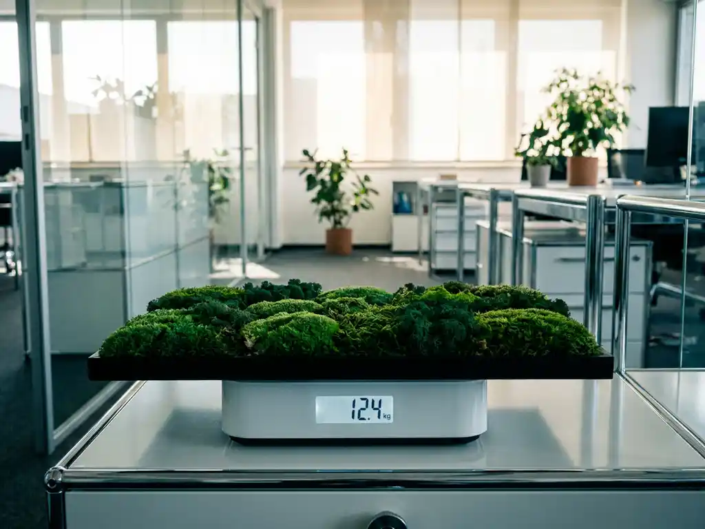 Mosplank op witte weegschaal in modern kantoor met natuurlijk daglicht en glazen elementen