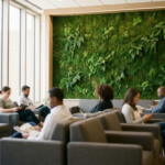 Weelderige smaragdgroene moswand in moderne medische wachtruimte met grijze stoelen en natuurlijk licht door grote ramen