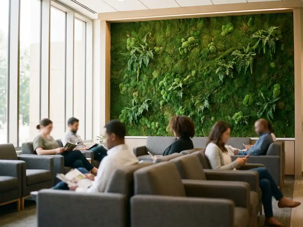 Weelderige smaragdgroene moswand in moderne medische wachtruimte met grijze stoelen en natuurlijk licht door grote ramen