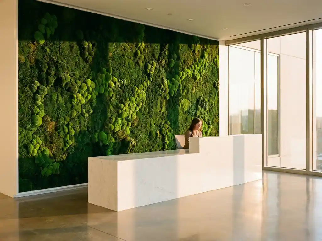 Smaragdgroene moswand achter elegante witte receptiebalie in moderne kantoorruimte met betonnen vloeren