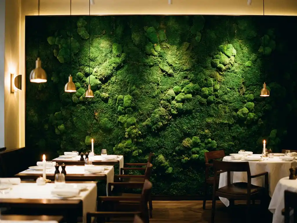 Levendige mosswand in smaragdgroen en bosgroen bedekt achterwand van elegant restaurant met houten tafels en witte tafelkleden
