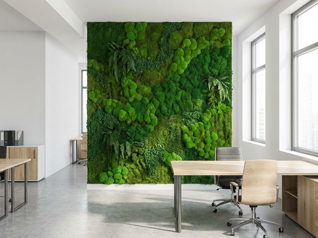 Groene moswand in modern kantoor met natuurlijke texturen en biofiele ontwerpelementen