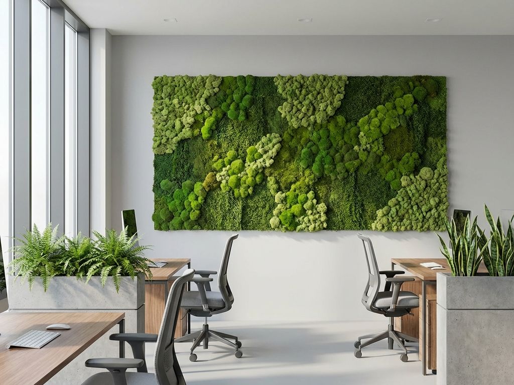 Moderne kantooromgeving met elegante moswand installatie als centraal middelpunt, natuurlijk daglicht en hedendaags meubilair