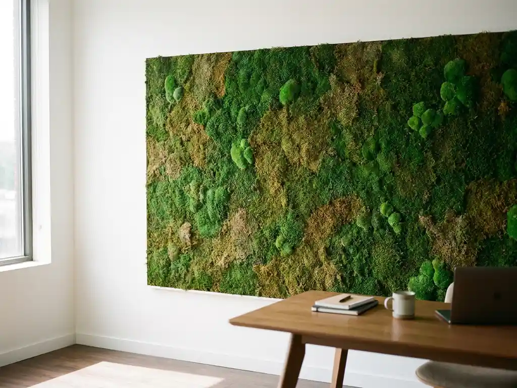Weelderige moswand met smaragdgroene en olijfkleurige tinten boven moderne houten bureau in wit kantoor