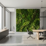 Moderne kantoor met groene moswand als middelpunt, natuurlijk licht door grote ramen, minimalistische inrichting
