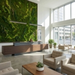 Moderne kantoorlobby met groene moswand achter receptiebalie, grote ramen en minimalistische inrichting