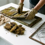 Gehandschoende handen demonteren een verweerd mospaneel, waarbij mos, ondergrond en metalen onderdelen in aparte stapels worden gescheiden