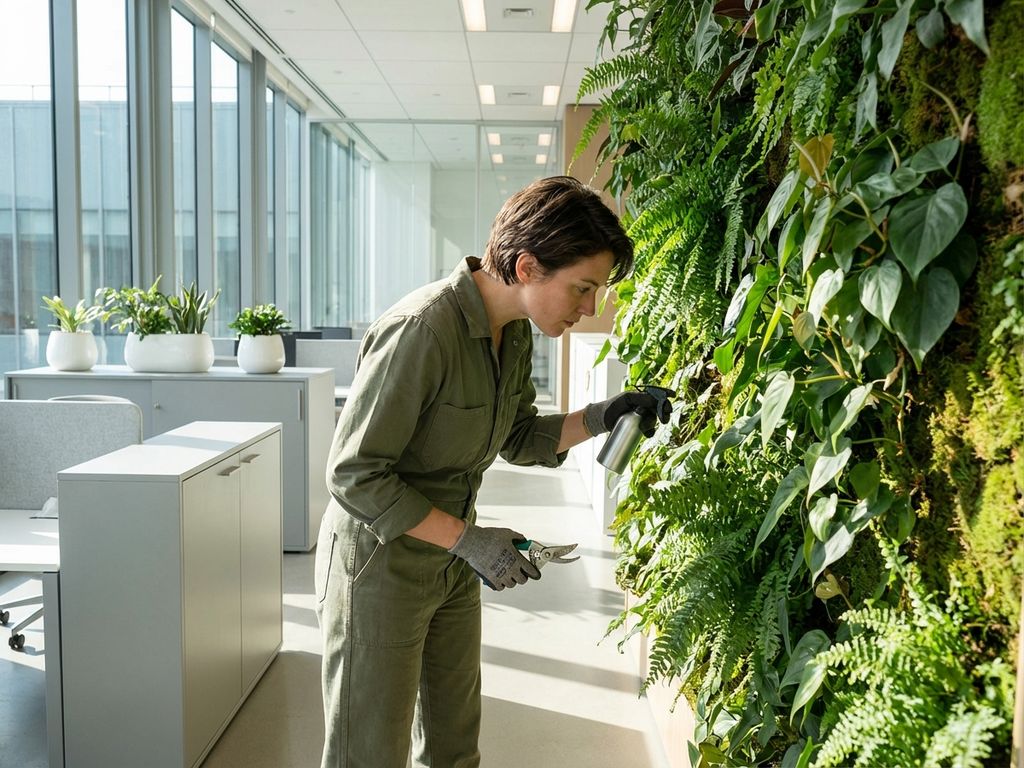 Professional onderhoudt kantoor plantenwand met gereedschap in moderne werkruimte met natuurlijk licht