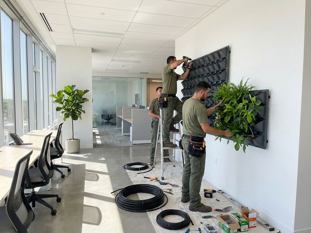 Professionele installatie van verticale plantenwand in modern kantoor door werknemers in groene uniformen